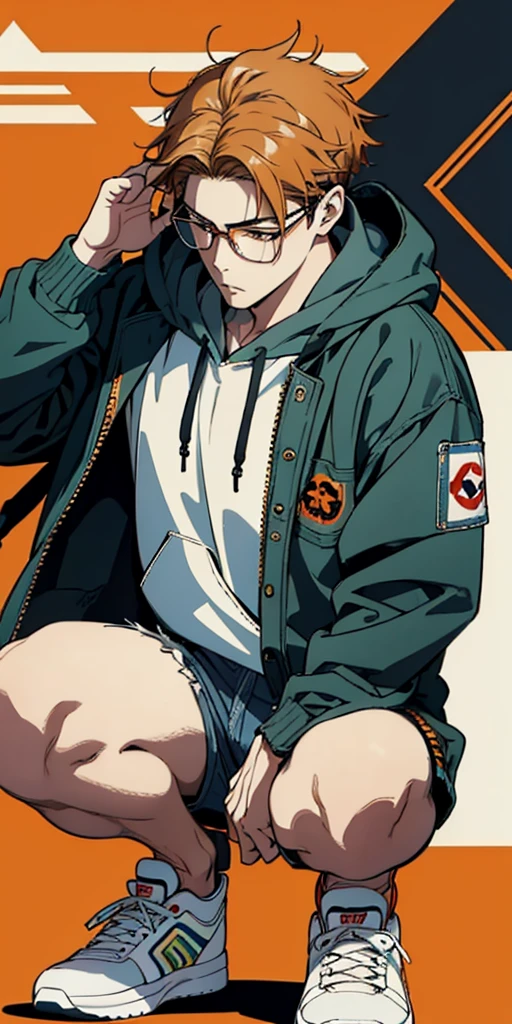  High Resolution ,Fine image quality ,Fine skin,Wearing glasses,Otaku man ,Dark,Looking down, squatting, wears a denim jacket over a white hoodie, sneakers with orange lines 