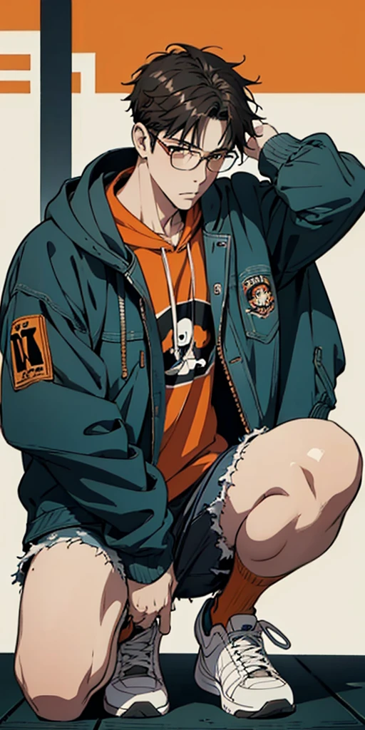  High Resolution ,Fine image quality ,Fine skin,Wearing glasses,Otaku man ,Dark,Looking down, squatting, wears a denim jacket over a white hoodie, sneakers with orange lines 