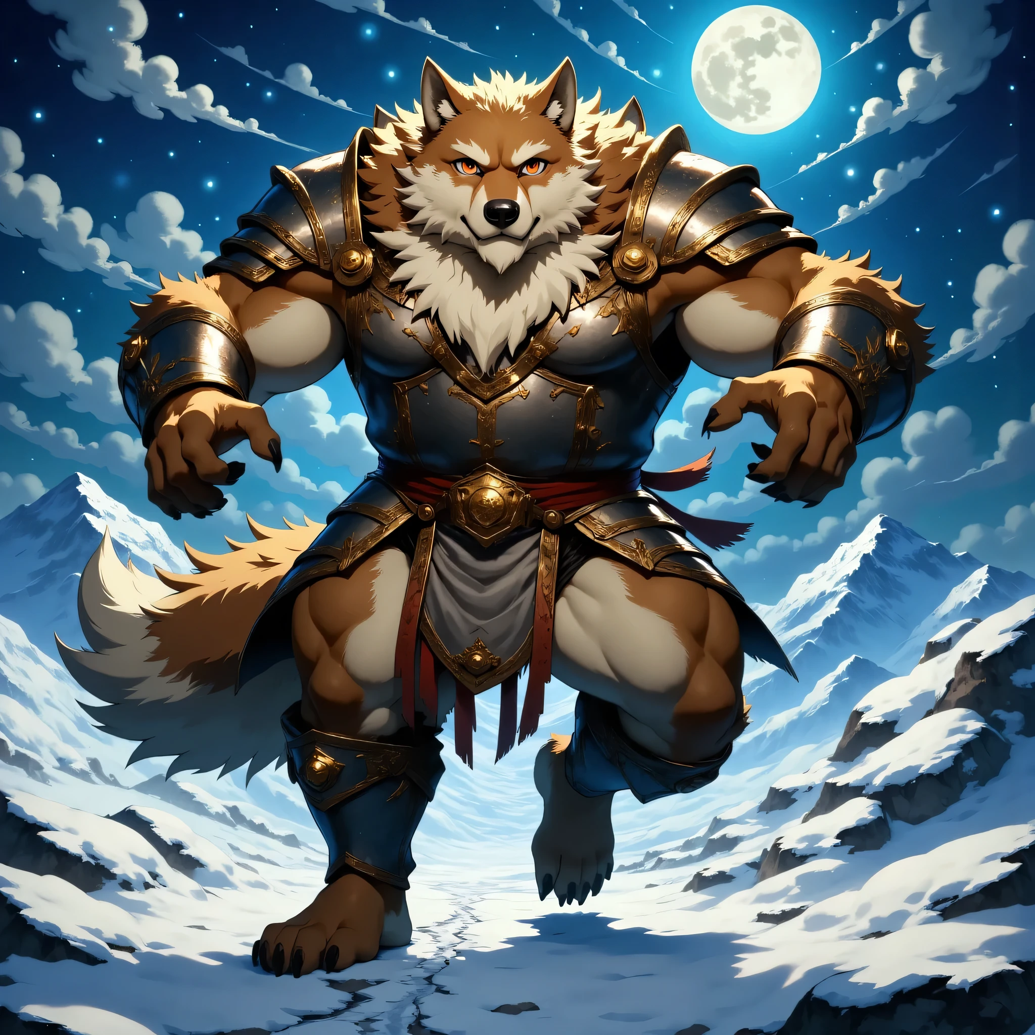 character focus, full body, looking away, various angle, european fantasy, a plump middle-aged wolf man, clothed, heroic costume, armor, pants, kicking, dynamic pose, BREAK complete anatomy, perfect proportions, beautiful thigh gap, fluffy body, intricate fur details, beautiful fur texture, BREAK a detailed wolf tail, detailed boots, detailed foot, detailed hands, 5fingers, 5fingers nails, BREAK aesthetic anime face, insanity detailed face, male face, big face, square jawline, aesthetic anime eyes, detailed brown eyes, detailed brown cornea, detailed dark brown irises, detailed pupils, male eyes, big eyes, male eyebrows, innocent look, beautiful beard, BREAK full body in Michelangelo Buonarroti style, digital illustration anime, housamo style, detailed painting landscape, night, arctic, path, outdoor, full color, HDR, BREAK masterpiece, official art, best quality, very aesthetic, absurdres, super fine illustration, great quality, BREAK noise reduction, very highres, large filesize, high quality, 32K, 8k wallpaper, dynamic lighting, BREAK insanity detailed, ultra detailed, intricate details, extremely detailed, detailed texture, an extremely delicate and beautiful, BREAK osukemo, e621 illustration, Fur Affinity illustration, kemohomo, anthropomorphic, furry, cartoon, harmonious body, pastoral face, virtuous eyes, epic atmosphere