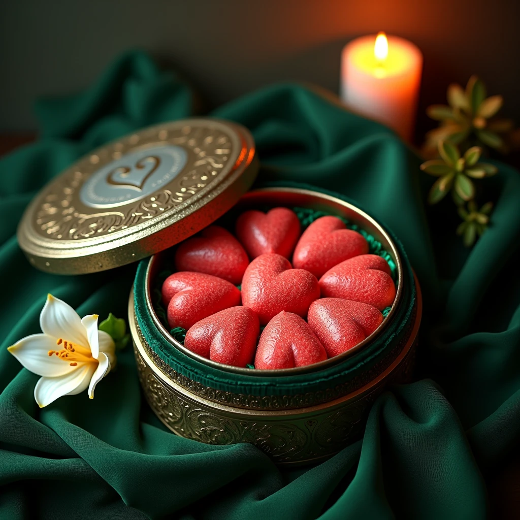 Luxurious round box ornate with magic symbols reveals meticulously arranged heart-shaped watermelon cookies with glistering surface. Black lacquer box, lined with deep crimson velvet, and a silver bat logo graces the lid. The box stands on soft white tablecloth with a single giant pink rose flower. Dimly lit by a single elegant candle. Dark romantic atmosphere.