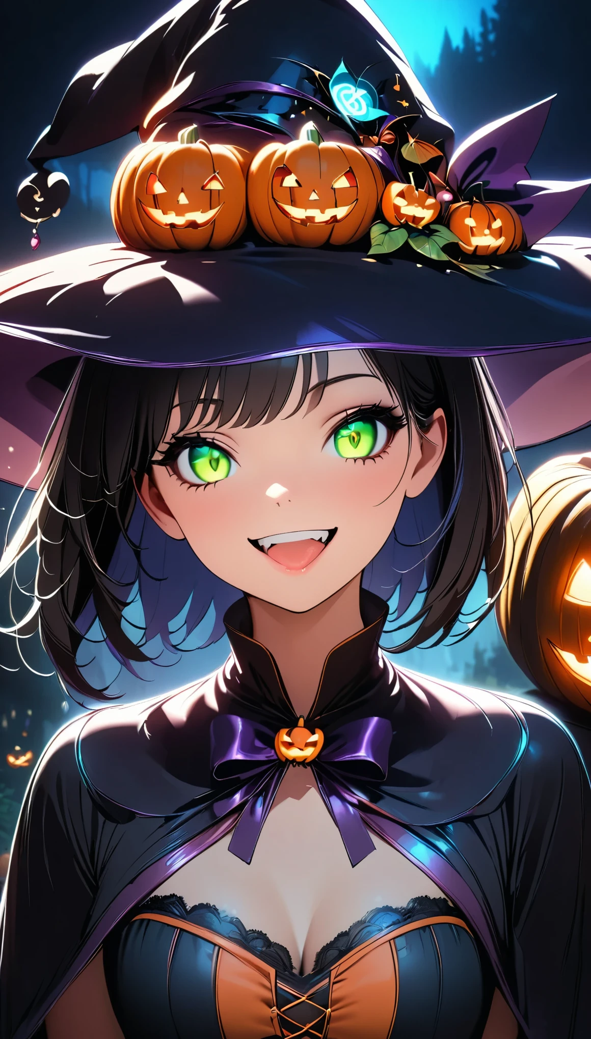 Halloween witch,    highly detailed portraits , Cinema Lighting,  Dramatic atmosphere,   high contrast  , Cool colors, Sharp focus,  chiaroscuro ,  cute smile ,  Open your mouth , ((Witch Robe, Witch Hat)),  pumpkin objects , Beautiful texture,  intricate details , Short Bob, Beautiful Skin,  beautiful eyes,  long eyelashes,  Magical forest background, Halloween supplies  ,  charming, Obscene presence.