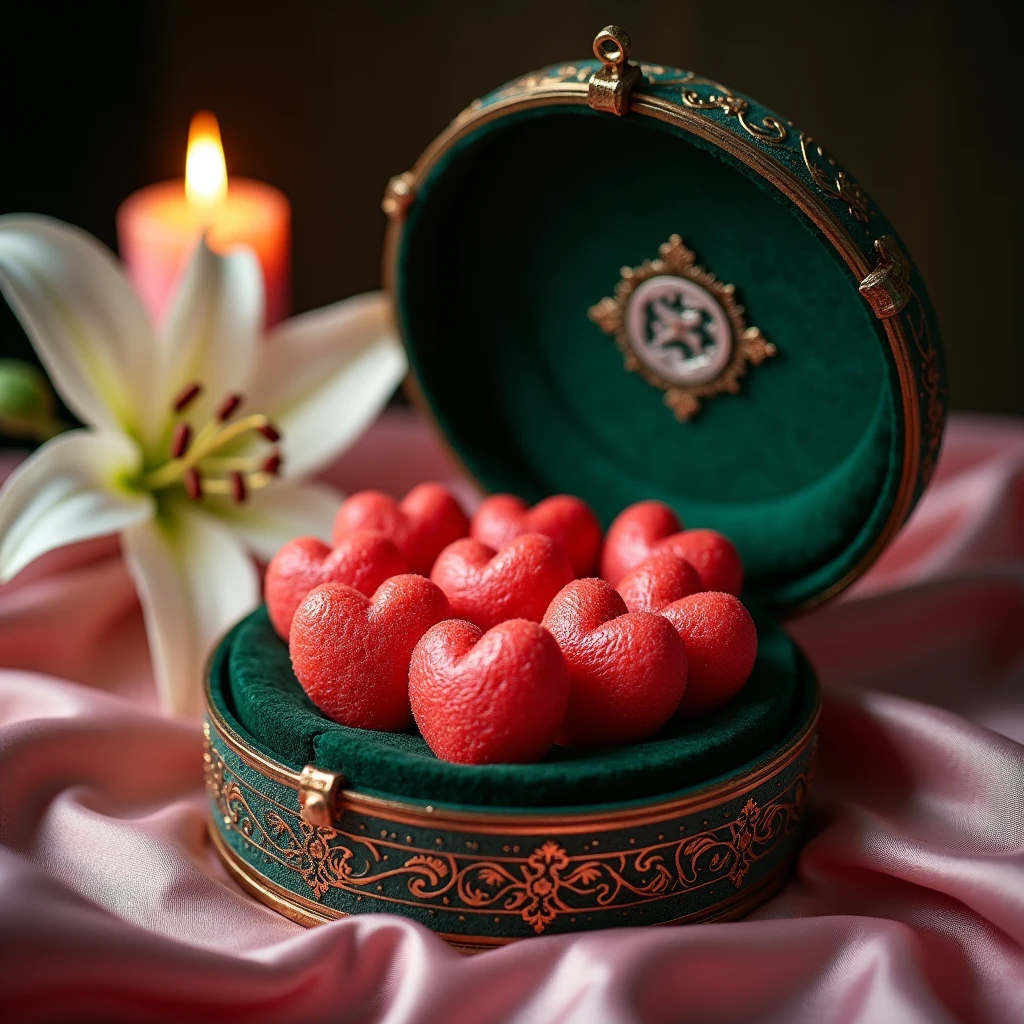 Luxurious round box ornate with magic symbols reveals meticulously arranged heart-shaped watermelon cookies with glistering surface. Black lacquer box, lined with deep crimson velvet, and a silver bat logo graces the lid. The box stands on soft white tablecloth with a single giant pink rose flower. Dimly lit by a single elegant candle. Dark romantic atmosphere.