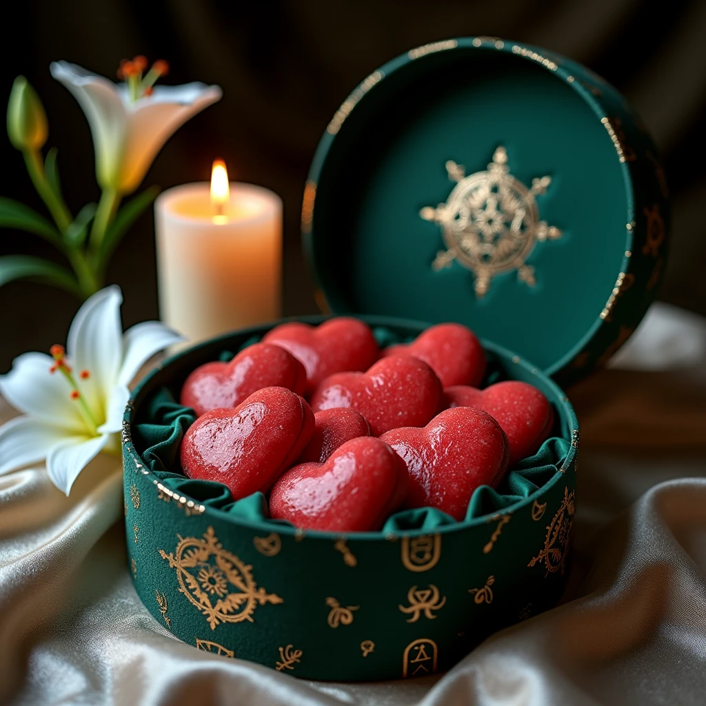 Luxurious round box ornate with magic symbols reveals meticulously arranged heart-shaped watermelon cookies with glistering surface. Black lacquer box, lined with deep crimson velvet, and a silver bat logo graces the lid. The box stands on soft white tablecloth with a single giant pink rose flower. Dimly lit by a single elegant candle. Dark romantic atmosphere.