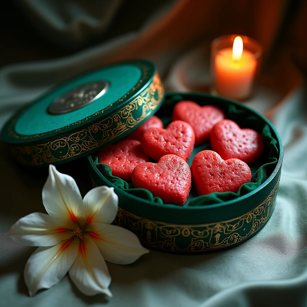 Luxurious round box ornate with magic symbols reveals meticulously arranged heart-shaped watermelon cookies with glistering surface. Black lacquer box, lined with deep crimson velvet, and a silver bat logo graces the lid. The box stands on soft white tablecloth with a single giant pink rose flower. Dimly lit by a single elegant candle. Dark romantic atmosphere.