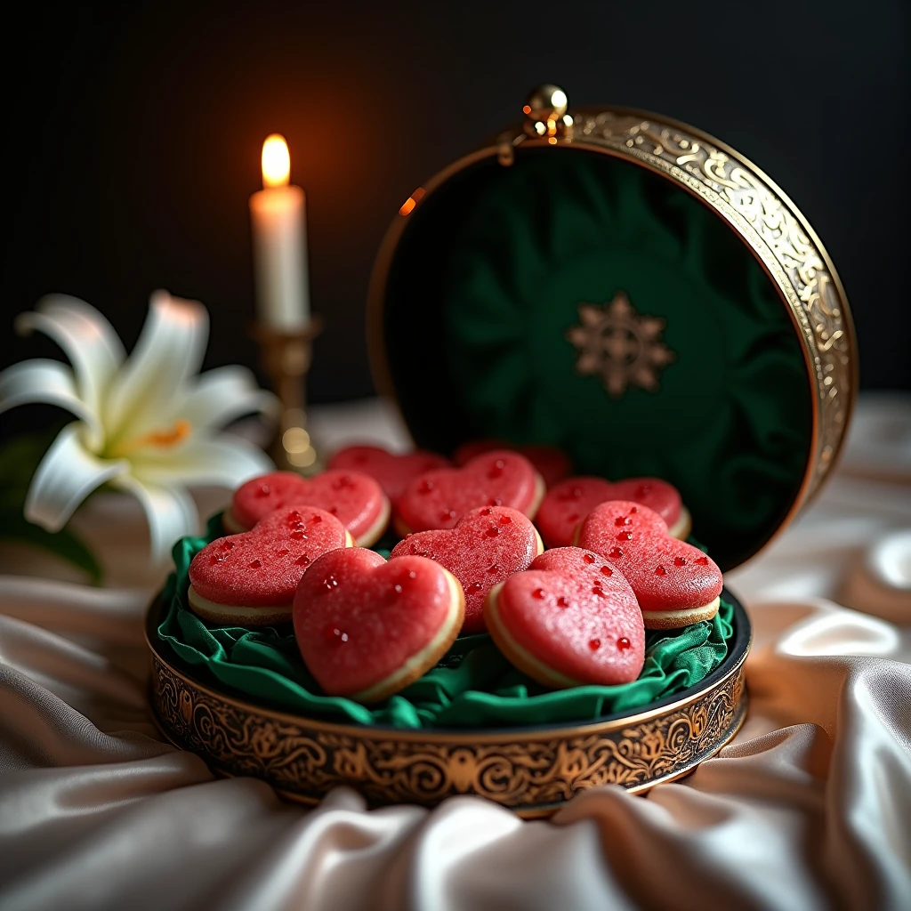 Luxurious round box ornate with magic symbols reveals meticulously arranged heart-shaped watermelon cookies with glistering surface. Black lacquer box, lined with deep crimson velvet, and a silver bat logo graces the lid. The box stands on soft white tablecloth with a single giant pink rose flower. Dimly lit by a single elegant candle. Dark romantic atmosphere.