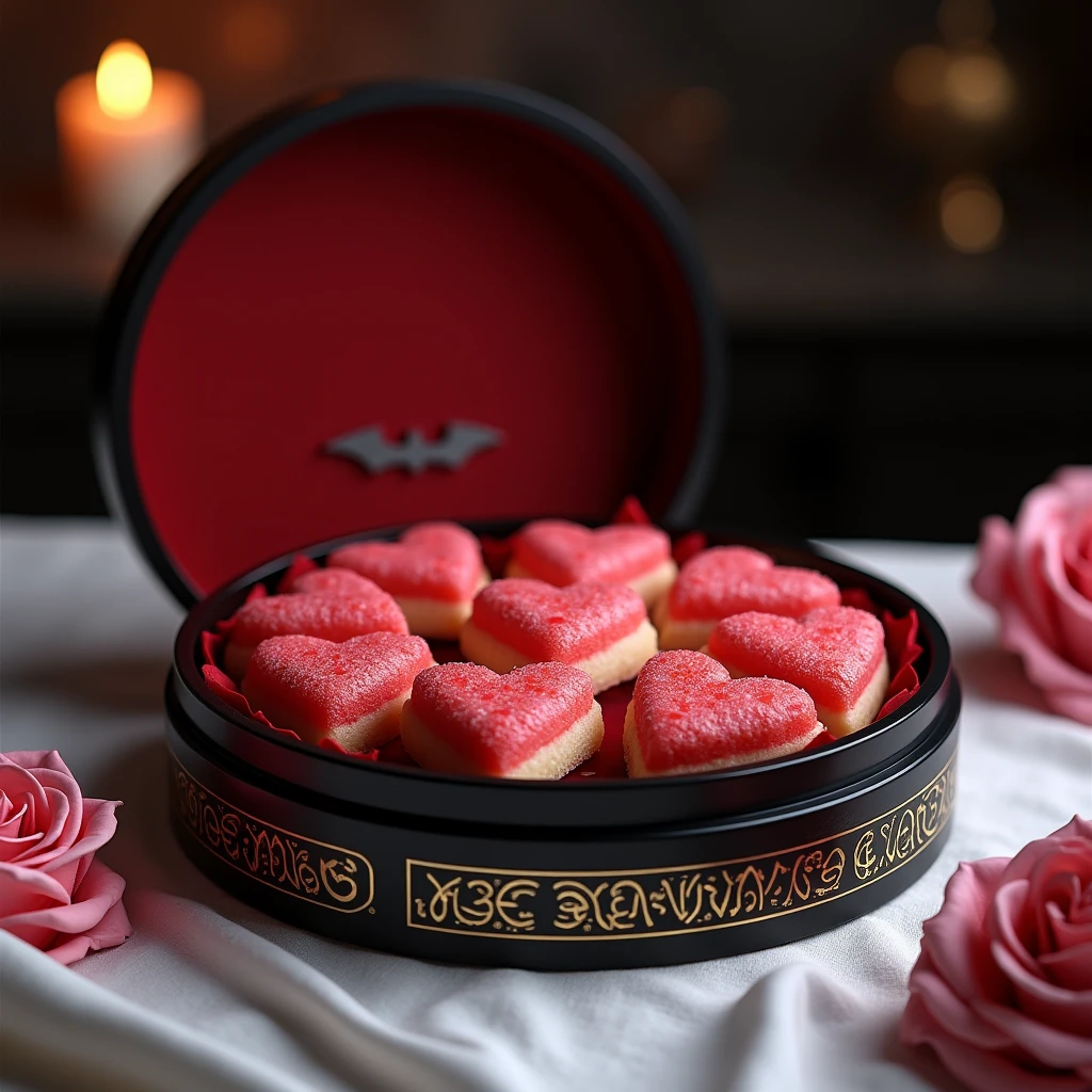 Luxurious round box ornate with magic symbols reveals meticulously arranged heart-shaped watermelon cookies with glistering surface. Black lacquer box, lined with deep crimson velvet, and a silver bat logo graces the lid. The box stands on soft white tablecloth with a single giant pink rose flower. Dimly lit by a single elegant candle. Dark romantic atmosphere.