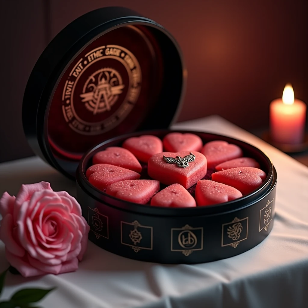 Luxurious round box ornate with magic symbols reveals meticulously arranged heart-shaped watermelon cookies with glistering surface. Black lacquer box, lined with deep crimson velvet, and a silver bat logo graces the lid. The box stands on soft white tablecloth with a single giant pink rose flower. Dimly lit by a single elegant candle. Dark romantic atmosphere.