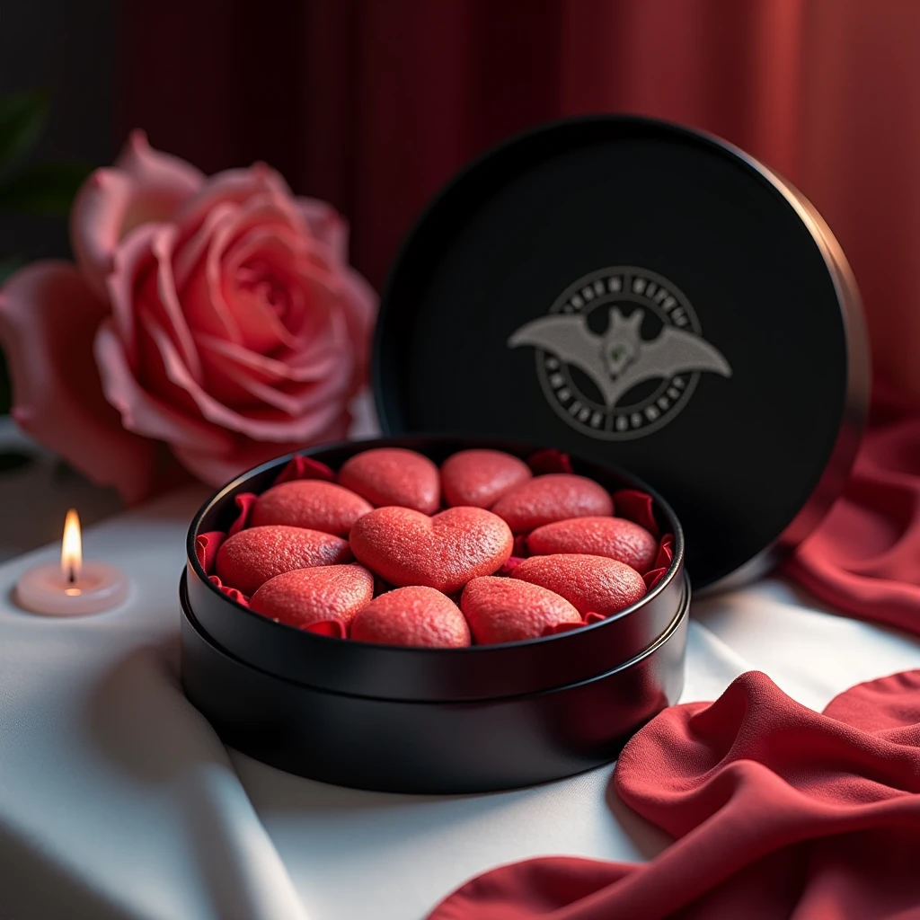 Luxurious round box ornate with magic symbols reveals meticulously arranged heart-shaped watermelon cookies with glistering surface. Black lacquer box, lined with deep crimson velvet, and a silver bat logo graces the lid. The box stands on soft white tablecloth with a single giant pink rose flower. Dimly lit by a single elegant candle. Dark romantic atmosphere.