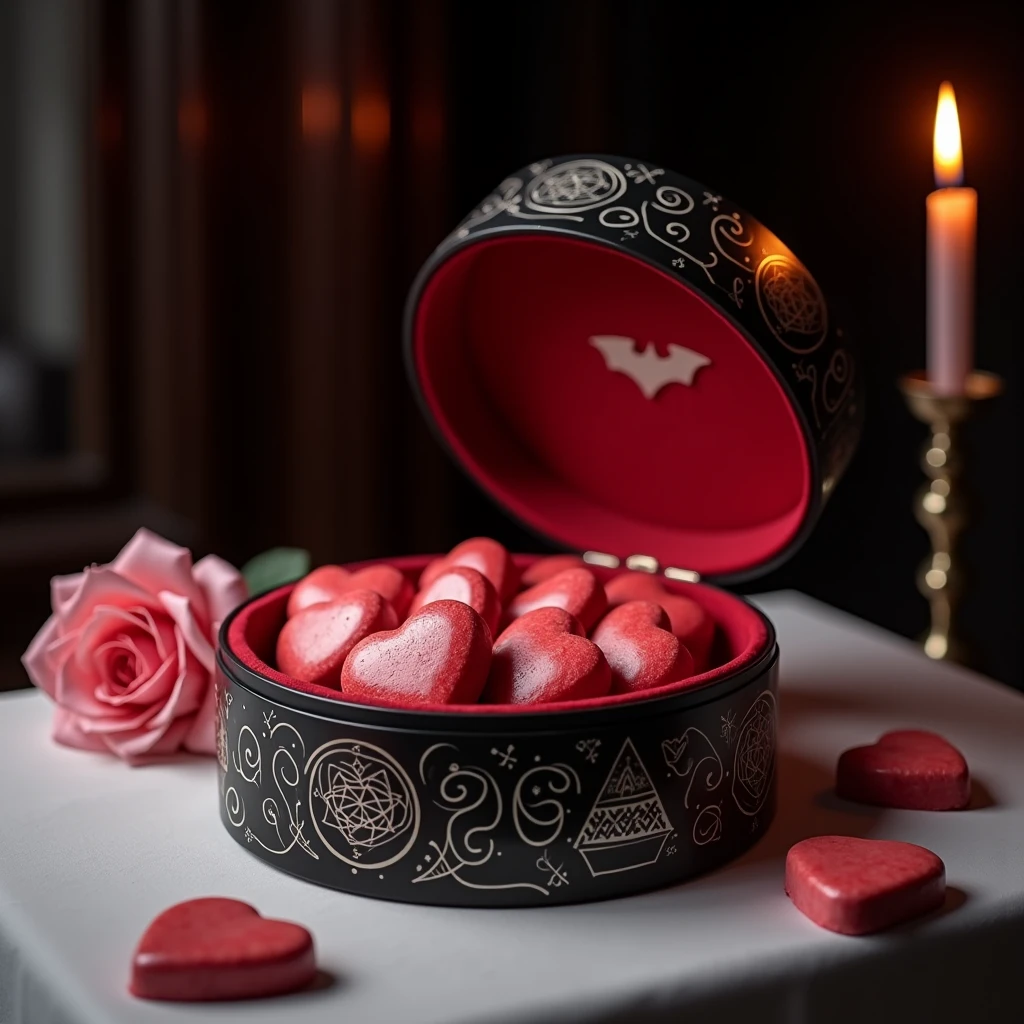 Luxurious round box ornate with magic symbols reveals meticulously arranged heart-shaped watermelon cookies with glistering surface. Black lacquer box, lined with deep crimson velvet, and a silver bat logo graces the lid. The box stands on soft white tablecloth with a single giant pink rose flower. Dimly lit by a single elegant candle. Dark romantic atmosphere.