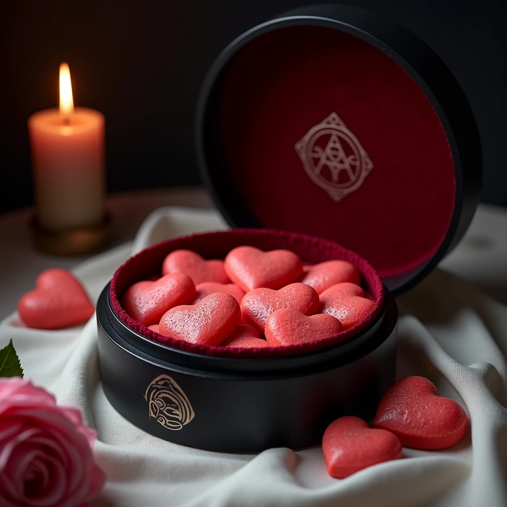 Luxurious round box ornate with magic symbols reveals meticulously arranged heart-shaped watermelon cookies with glistering surface. Black lacquer box, lined with deep crimson velvet, and a silver bat logo graces the lid. The box stands on soft white tablecloth with a single giant pink rose flower. Dimly lit by a single elegant candle. Dark romantic atmosphere.