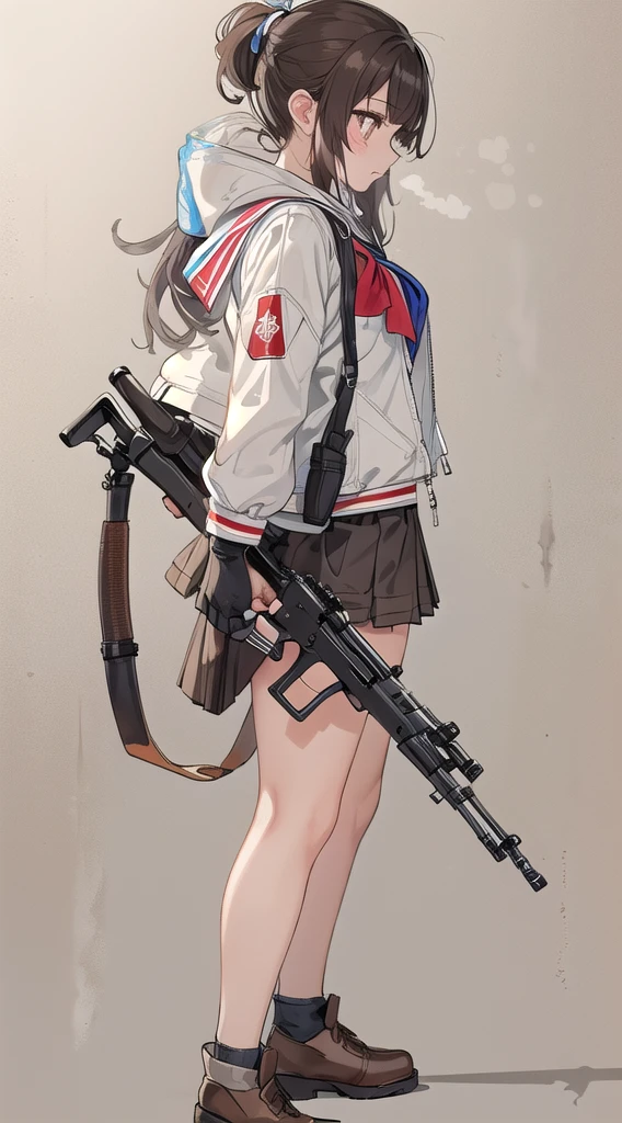   1 girl, Alone, Long Hair,  At the pub, skirt, Brown Hair,   Black Hair  , gloves, holding,   twin tails ,   Brown Eyes  ,     School Uniforms,   jacket, Full Body,   ponytail, arms, pleated skirt, shoes,   black gloves, socks,     fingerless gloves , holding arms, from side, gun, Check pattern, Knee-length, Check pattern skirt, brown footwear , white   jacket, black socks, , holding gun, rifle, tobacco, brown skirt, sniper rifle, Firing, Range  , Suppressor
