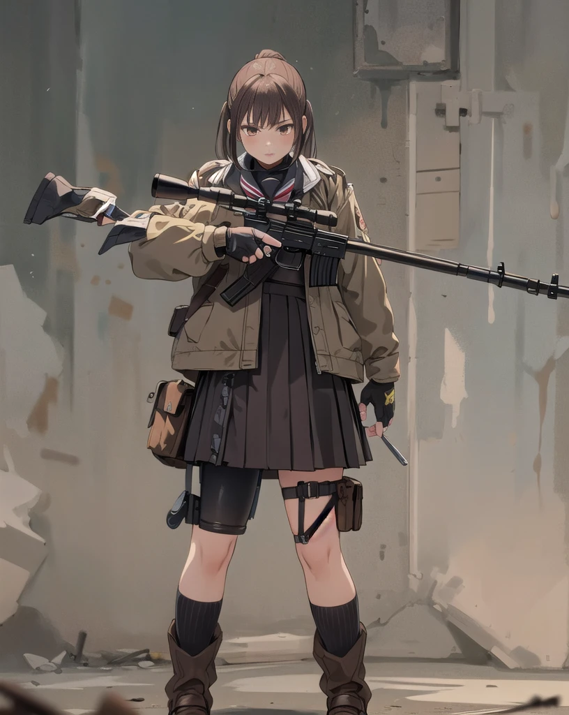   1 girl, Alone, Long Hair,  At the pub, skirt, Brown Hair,   Black Hair  , gloves, holding,   twin tails ,   Brown Eyes  ,     School Uniforms,   jacket, Full Body,   ponytail, arms, pleated skirt, shoes,   black gloves, socks,     fingerless gloves , holding arms, from side, gun, Check pattern, Knee-length, Check pattern skirt, brown footwear , white   jacket, black socks, , holding gun, rifle, tobacco, brown skirt, sniper rifle, Firing, Range  , Suppressor
