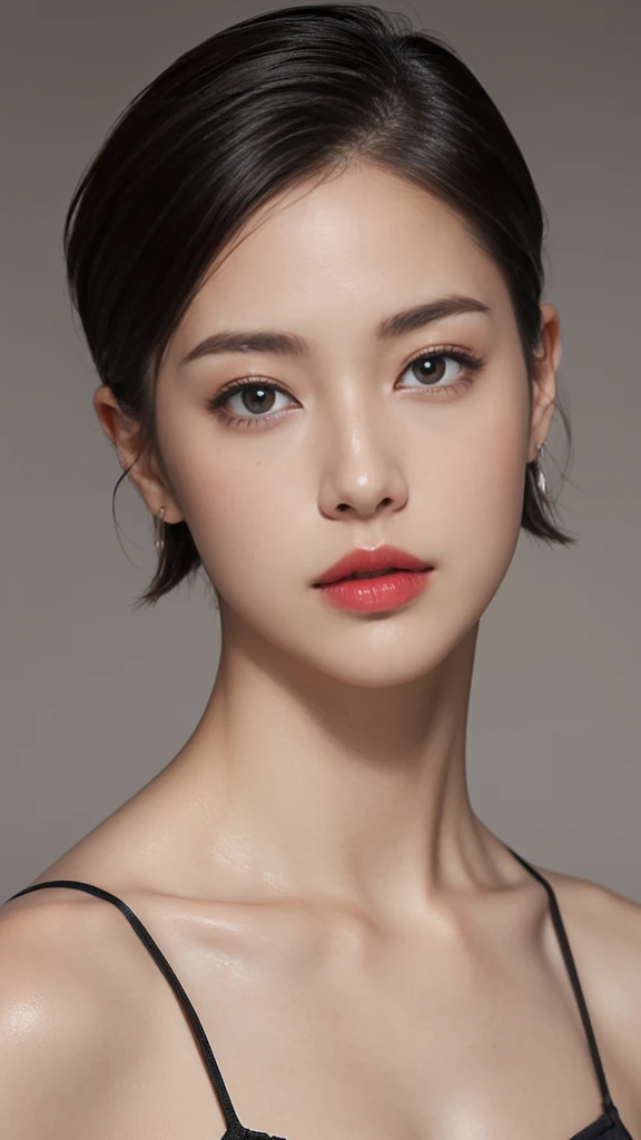  High Resolution , masterpiece,  anatomically correct, 超 High Resolution ,  textured skin, ((Center parted short hair)), Tall、 face close-up 、Red lips、Take a look、