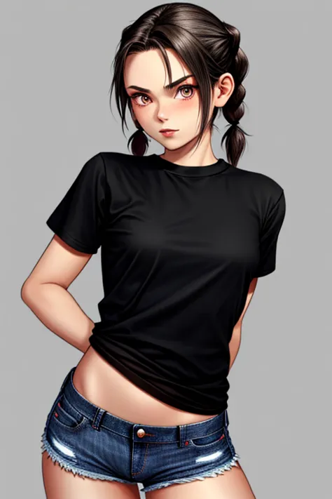 petite,  small breasts,  tight black t shirt, short  blue jean shorts,  braided pigtails,  dark brunette,  smooth complection,  ...