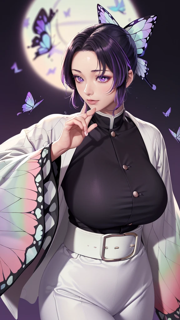 (（（figure，御姐figure,White and tender skin,（（haori, wide sleeves, long sleeves, black pants, black jacket, belt，）））,(（（kochou shinobu, butterfly hair ornament, purple eyes, multicolored hair, short hair, parted bangs, ））),,((masterpiece)),highres,((Best quality at best)),masterpiece,quality,Best quality,(（（  delicate facial features , for the audience ,））），Huge breasts，）））