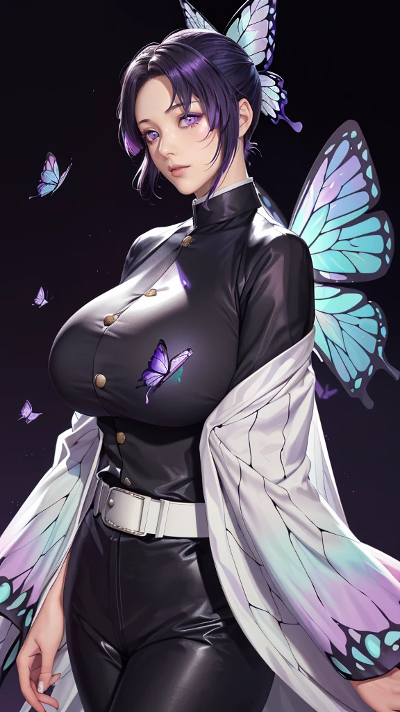 (（（figure，御姐figure,White and tender skin,（（haori, wide sleeves, long sleeves, black pants, black jacket, belt，）））,(（（kochou shinobu, butterfly hair ornament, purple eyes, multicolored hair, short hair, parted bangs, ））),,((masterpiece)),highres,((Best quality at best)),masterpiece,quality,Best quality,(（（  delicate facial features , for the audience ,））），Huge breasts，）））