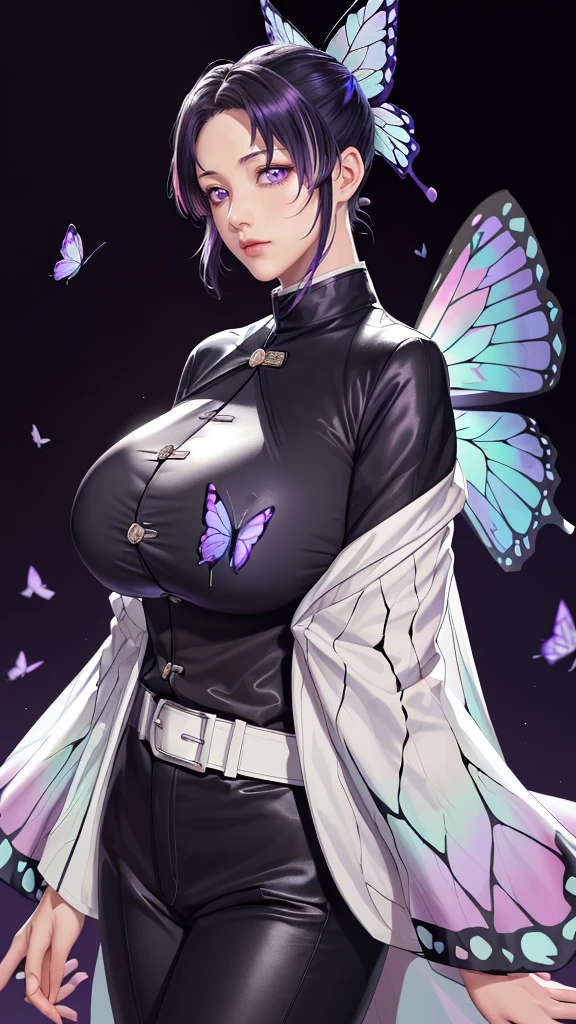 (（（figure，御姐figure,White and tender skin,（（haori, wide sleeves, long sleeves, black pants, black jacket, belt，）））,(（（kochou shinobu, butterfly hair ornament, purple eyes, multicolored hair, short hair, parted bangs, ））),,((masterpiece)),highres,((Best quality at best)),masterpiece,quality,Best quality,(（（  delicate facial features , for the audience ,））），Huge breasts，）））