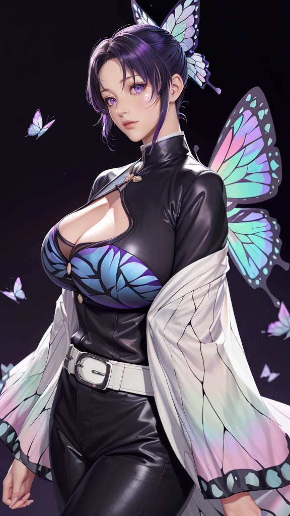 (（（figure，御姐figure,White and tender skin,（（haori, wide sleeves, long sleeves, black pants, black jacket, belt，）））,(（（kochou shinobu, butterfly hair ornament, purple eyes, multicolored hair, short hair, parted bangs, ））),,((masterpiece)),highres,((Best quality at best)),masterpiece,quality,Best quality,(（（  delicate facial features , for the audience ,））），Huge breasts，）））