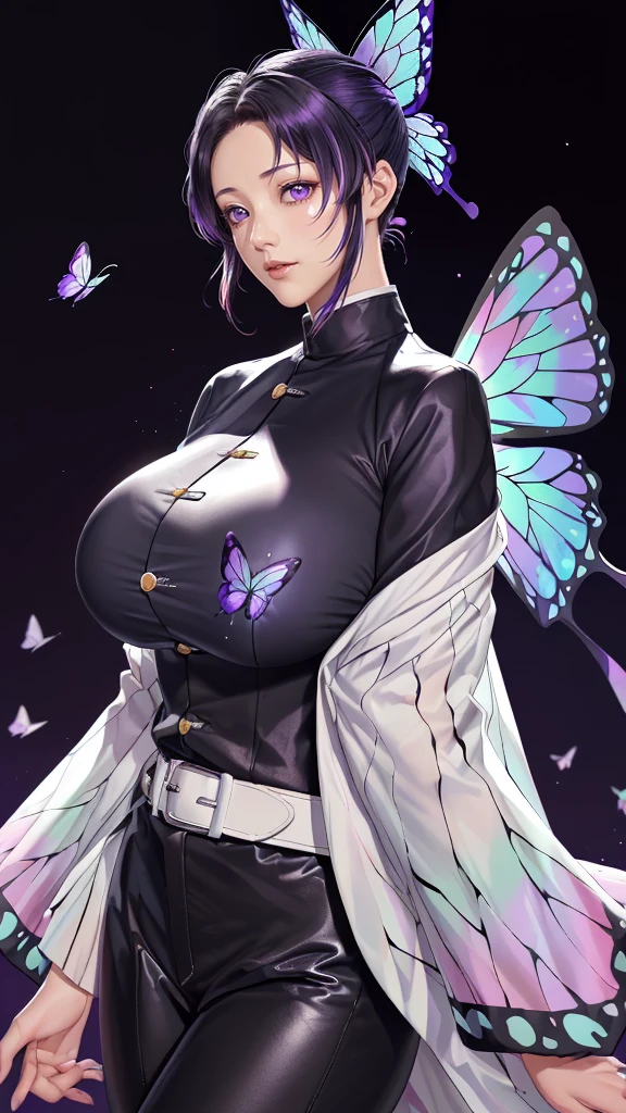 (（（figure，御姐figure,White and tender skin,（（haori, wide sleeves, long sleeves, black pants, black jacket, belt，）））,(（（kochou shinobu, butterfly hair ornament, purple eyes, multicolored hair, short hair, parted bangs, ））),,((masterpiece)),highres,((Best quality at best)),masterpiece,quality,Best quality,(（（  delicate facial features , for the audience ,））），Huge breasts，）））