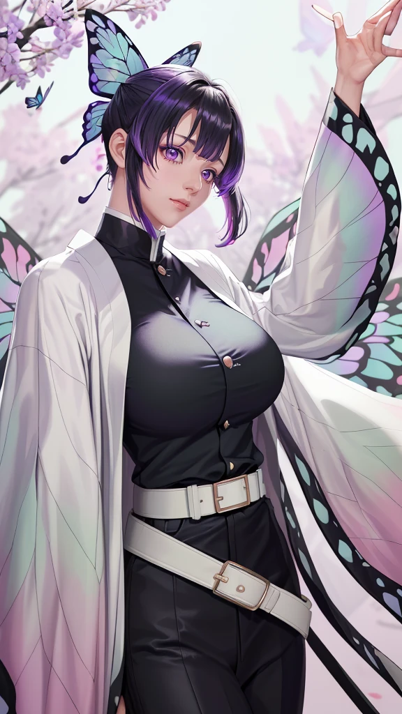 (（（figure，御姐figure,White and tender skin,（（haori, wide sleeves, long sleeves, black pants, black jacket, belt，）））,(（（kochou shinobu, butterfly hair ornament, purple eyes, multicolored hair, short hair, parted bangs, ））),,((masterpiece)),highres,((Best quality at best)),masterpiece,quality,Best quality,(（（  delicate facial features , for the audience ,））），Huge breasts，）））