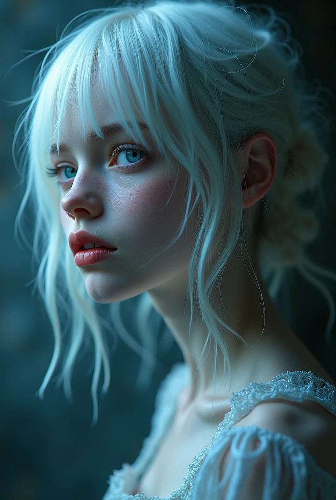 dark,caustics,colorful,gorgeous light and shadow,full body,
The girl's pale skin,her lips are slightly open to reveal her teeth,and her (blue and yellow eyes) eyes are blur and dreamy. mottled light and shadow,portrait,white hair,side face,  