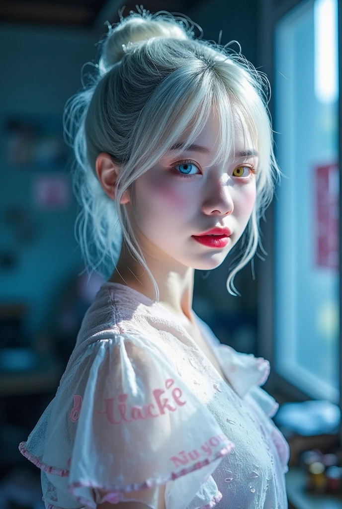 dark,caustics,colorful,gorgeous light and shadow,full body,
The girl's pale skin,her lips are slightly open to reveal her teeth,and her (blue and yellow eyes) eyes are blur and dreamy. mottled light and shadow,portrait,white hair,side face,  