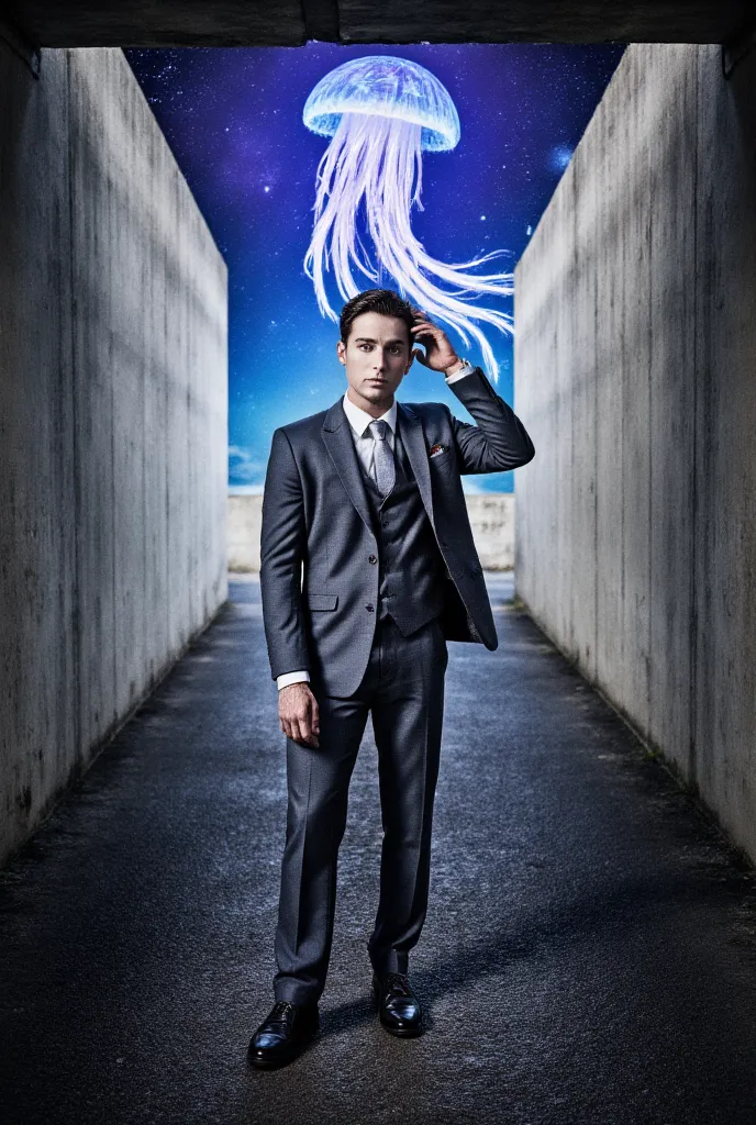 portrait photography of a young man as a ((warlock)) with ((finger waves hair)) wearing a (necklace),  dressed in gray business ...