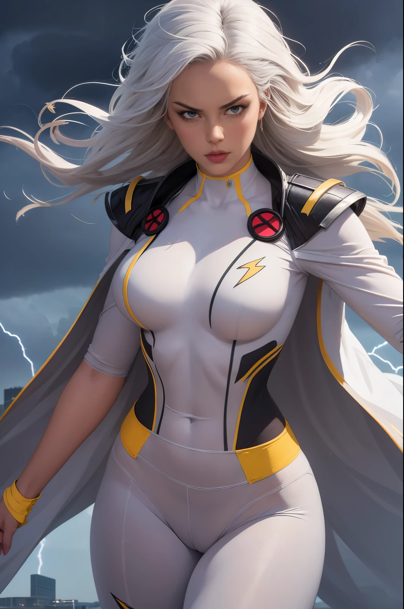 best quality,highres,ultra-detailed,realistic:1.37,professional,dynamic,action shot,storm character art,storm from the X-Men,storm conjuring lightning,storm with flowing white hair,storm with intense gaze,storm in a powerful pose,strong facial features,storm's iconic cape,storm surrounded by storm clouds,storm with dramatic lighting,storm's eyes glowing white,storm's lightning powers crackling,storm with an intense expression,storm with a determined look,storm wearing her classic costume,storm floating in the air,storm with winds swirling around her,storm creating a thunderstorm,storm casting lightning bolts,storm's cape billowing in the wind,storm with a fierce and confident posture,vivid colors,bokeh,portrait