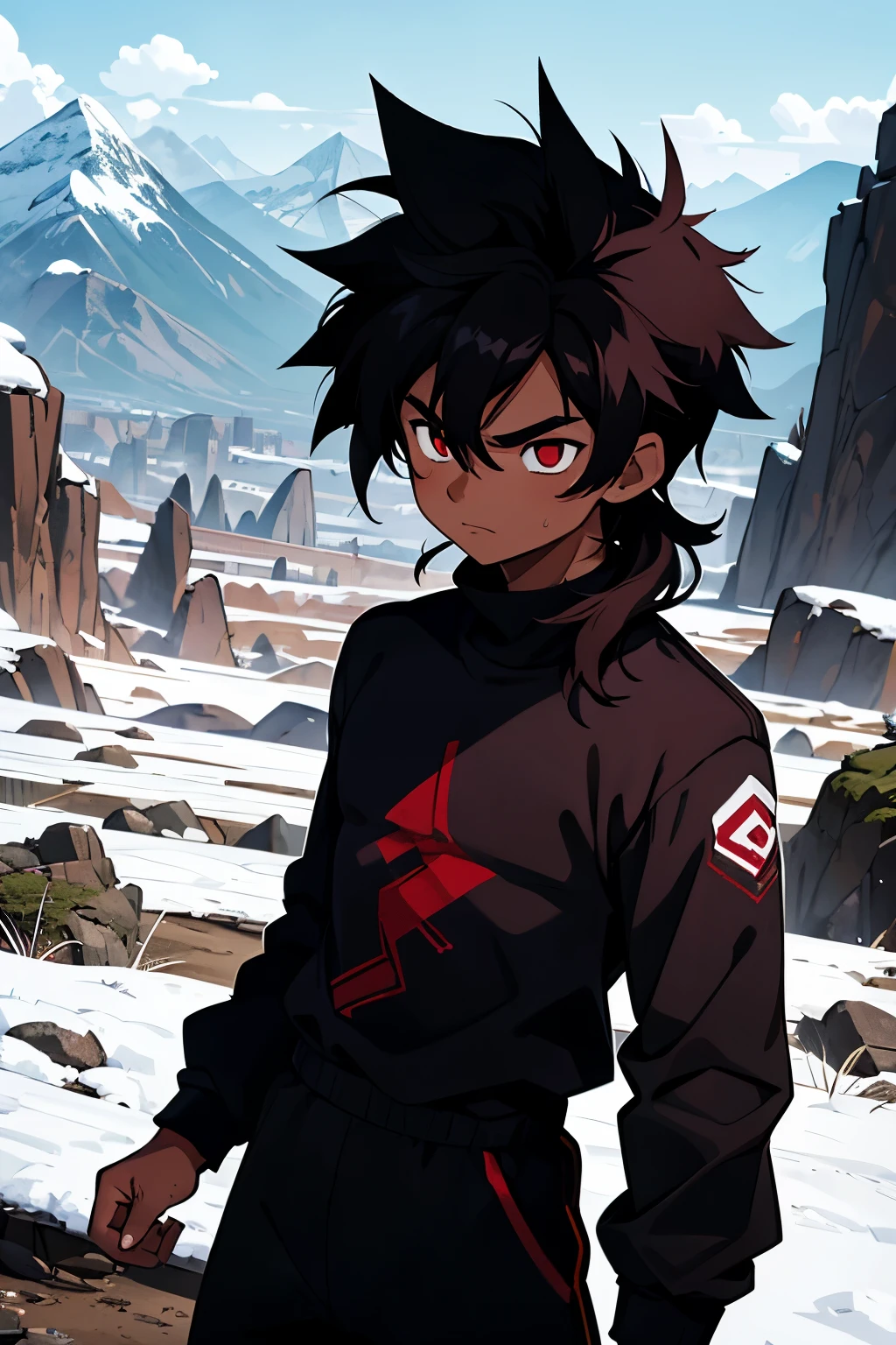 A teenage man, with dark skin, with dark red eyes , with black hair, messy hair, long hair,  wearing a long sleeve shirt with a black turtleneck,  wearing thin red sweatpants ,  daily mountain scenery .
