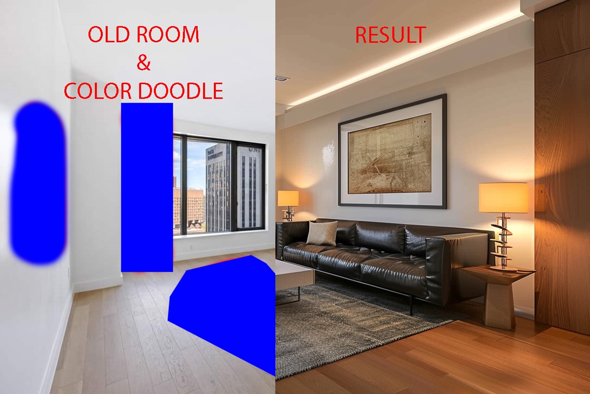 Add furnitures to Empty old room interior. <br>Step1: Take photo of empty room<br>Step2: Using BLUE solid color to locate general form of furniture<br>Step3: Search and upload Reference Image<br>Step4: Click and wait for result  