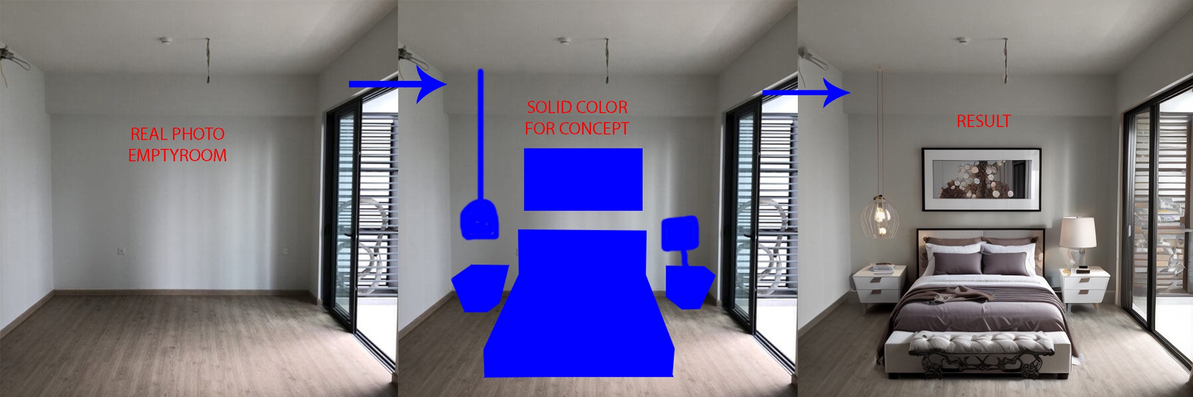Add furnitures to Empty old room interior. <br>Step1: Take photo of empty room<br>Step2: Using BLUE solid color to locate general form of furniture<br>Step3: Search and upload Reference Image<br>Step4: Click and wait for result  
