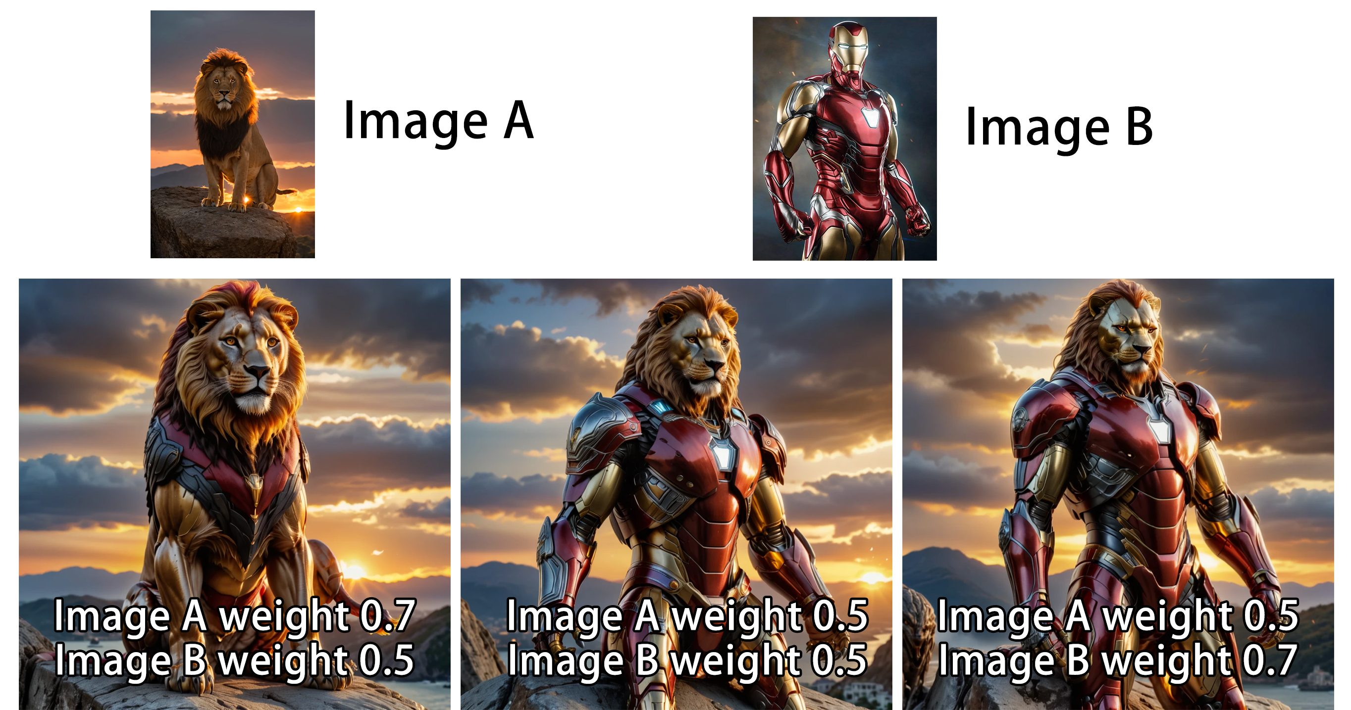 Upload two photos, select the weight for each, and combine them into one interesting new photo