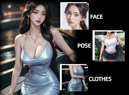 Upload three images to replace the face, pose, and clothes respectively