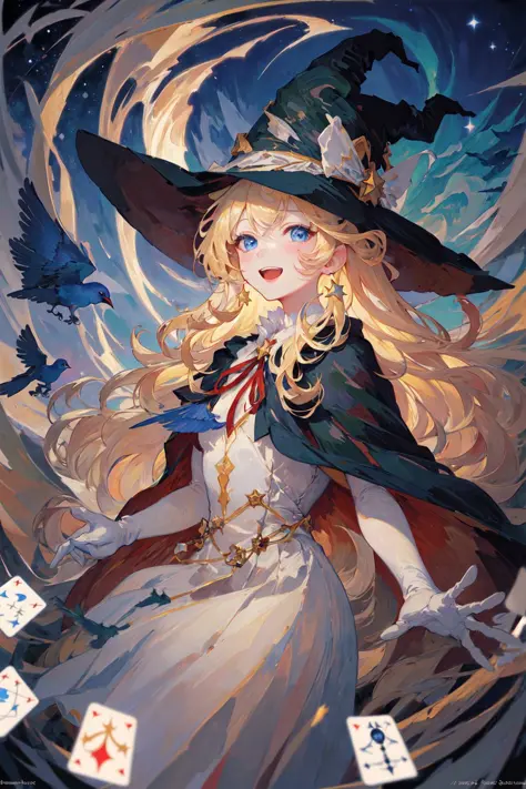 ((masterpiece:1.2, best quality)), 1girl, solo, (witch hat), blonde hair, long hair, dress, aurora, night, star (sky), gloves, sky, white dress, night sky, open mouth, starry sky, blue eyes, ribbon, very long hair, red dress, smile, hair ribbon, cape, blue...