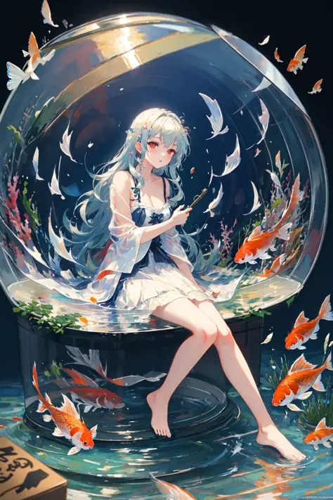 [(Transparent background:1.5)::5],(((masterpiece))),(((best quality))),(((extremely detailed))),illustration, 1girl,solo,mysterious,vivid color,shiny, underwater transparent sealed hemispherical glass dome, white hair,red eyes, full body,barefoot,long hair...