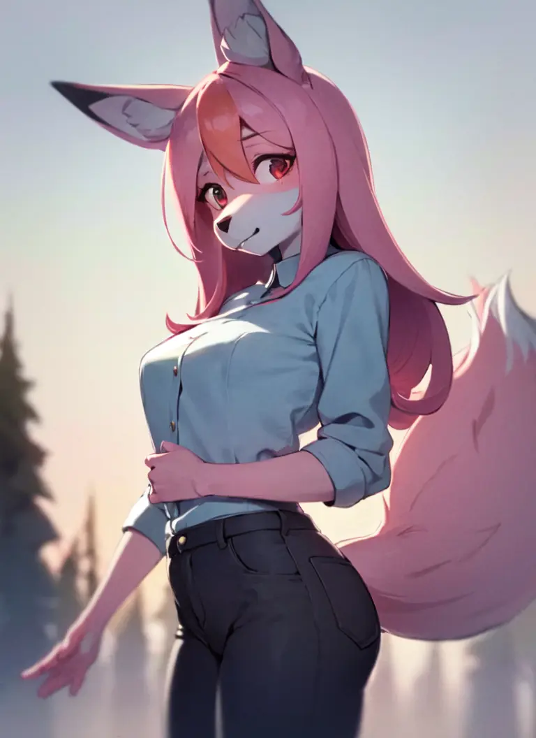 nazuna hiwatashi, 1girl, outside, solo, pink hair, body fur, fox ears, fox tail, high res, clothed, furry, sharp focus, pants, c...