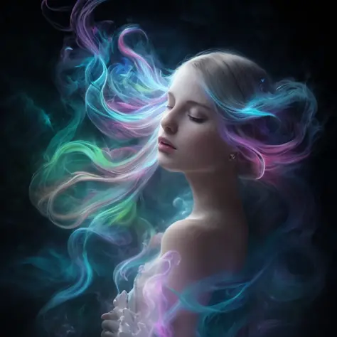 .Romanticism, UHD, attractive, ethereal, elegant, girl, teenager, beautiful, flawless, angelic, soft liquid rainbow smoke background, wind, fractal neon antimatter finish, highly detailed, trending on artstation, sharp focus, studio photo, intricate details, highly detailed, by Artgerm, Thomas Kinkade, Anna Dittmann, Gerhard Richter