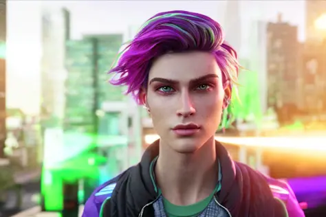 dskflll, nonbinary transmasculine person with  green purple red streaked hair,  incredibly detailed beauty, standing inside an a...