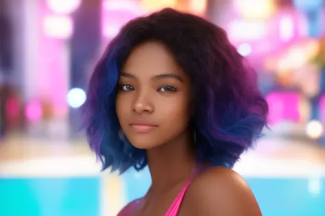 dskflll, 1girl, solo, a woman with  pink blue hair,african american, tan skin,camera focus, bokeh,  incredibly detailed beauty,brown eyes, standing inside an arcade, rim lighting, cinematic ,lighting ,photo quality, octane render, extremely detailed, 8k concept, 128k, 108mp DSLR,  dskflll