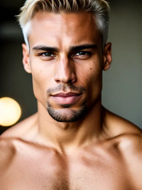 full frame, Close portrait, cute, male model, muscular Caribbean male, beige aged skin, asymmetrical hair, amber eyes, (skin tex...