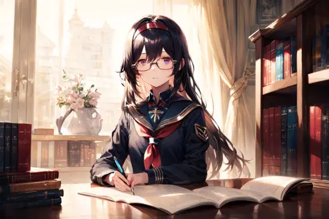 ((masterpiece, best quality)),best aesthetic,1girl, solo, long hair, glasses, holding pen, hairband, black hair, bookshelf, book stack, purple eyes, hair between eyes, reading book, neckerchief, sailor collar, library, looking down, closed mouth, long sleeves, indoors