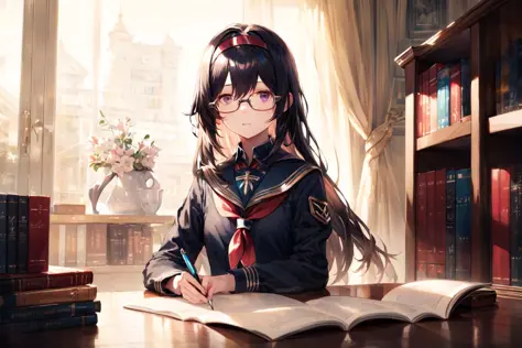 ((masterpiece, best quality)),best aesthetic,1girl, solo, long hair, glasses, holding pen, hairband, black hair, bookshelf, book...