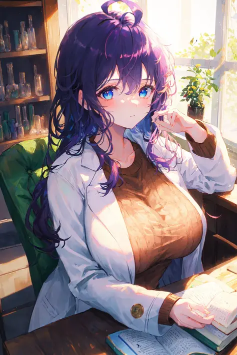 1girl, masterpiece, best quality, extremly detailed, Cinematic lighting, intricate detail, highres, official art, finely detailed beautiful face and eyes, high resolution illustration, 8k, dark intense shadows, overexposure, long hair, ahoge, purple hair, blue eyes,  lab coat, white coat, open coat, black sweater,huge breasts, sitting on chair, table, beaker, scientist, lab, hands in pocket, book stack, sunshine, upper body, close up