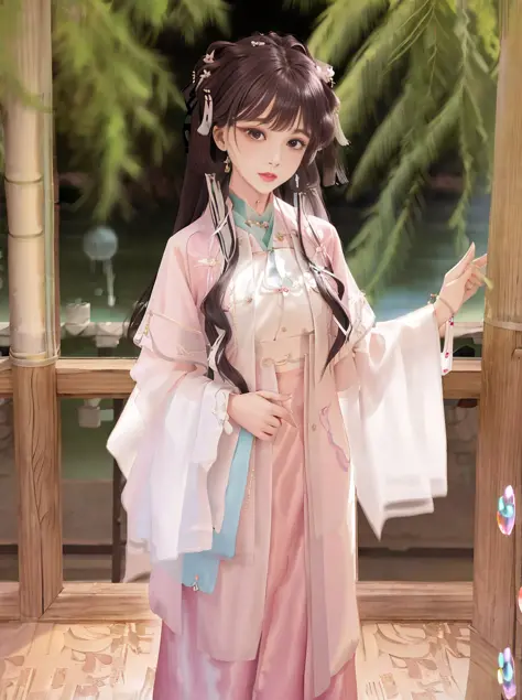 masterpiece, best quality, 4k,   highres, long hair,  hair ribbon,   solo, depth of field,
jewelry hairpin,  riverside, (Hanfu, Song, Song Dynasty, Song clothing: 1.4)  slim legs, closed mouth, shiny skin, light blush, 
 pureerosface_v1 ulzzang-6500-v1.1