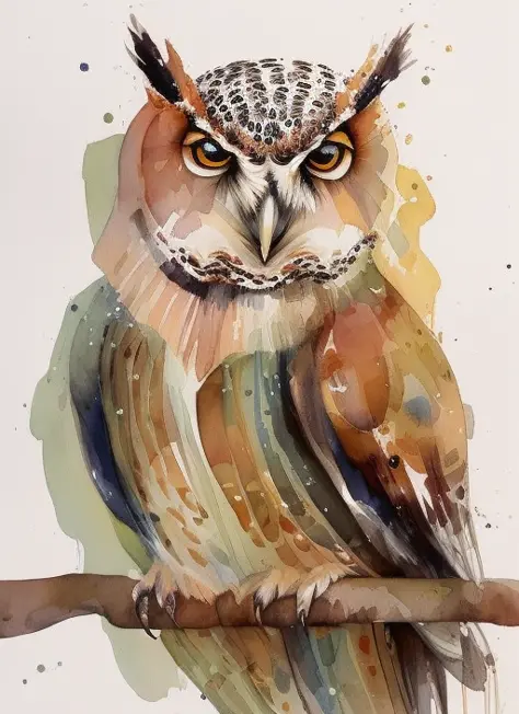 a watercolor painting of an owl in the evening in the rachelwalker style, watercolor (paper texture) background, high quality, denoise, clean