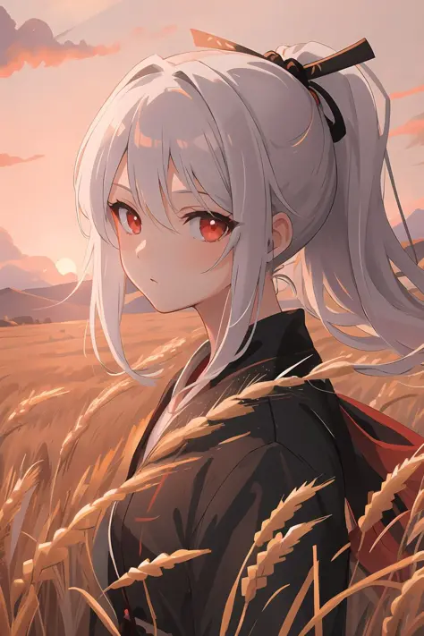 masterpiece, best quality, 1girl, portrait, white hair, ponytail, red eyes, samurai, wheat landscape, sun, clouds, (neutral colors), (hdr:1.4)