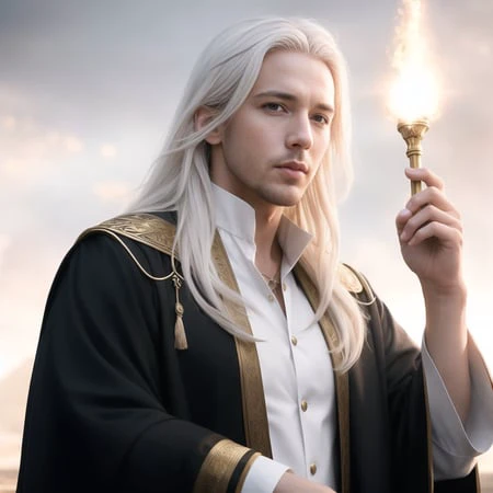 photorealistic photo of a handsome young male wizard, white wizard shirt with golden trim, white robe moving in the wind, long w...