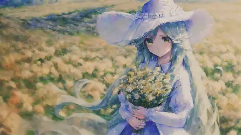 1girl, long hair, ((field of flowers)), detailed eyes, ((sleeves past wrists)), white, (lace dress), white hair, (((in the style...