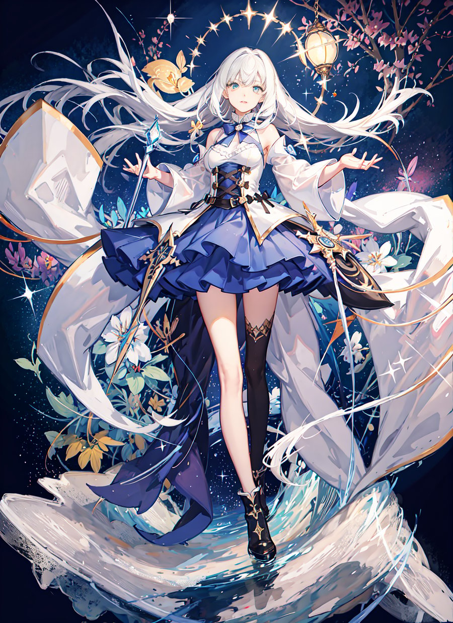 Anime girl with long white hair and blue dress holding a sword - SeaArt AI