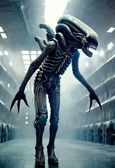 ASCII8k full body photo of bigbadejo alien_monster walking through an (industrial futuristic room, (aged sci-fi elements, retro sci-fi consoles), volumetric lighting, depth of field, ray tracing, subsurface scattering